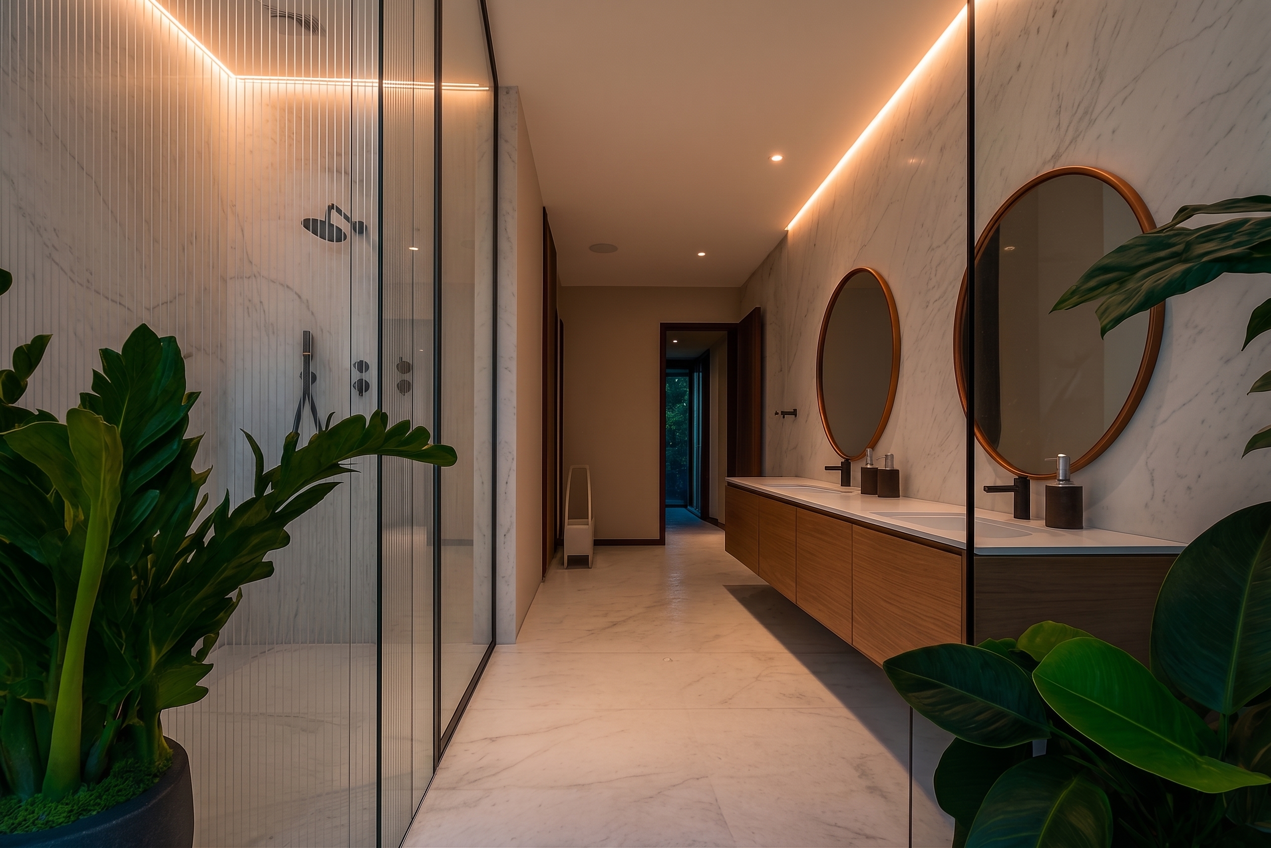 Lavabos dobles en el acceso al baño de Aurea con iluminación arquitectónica