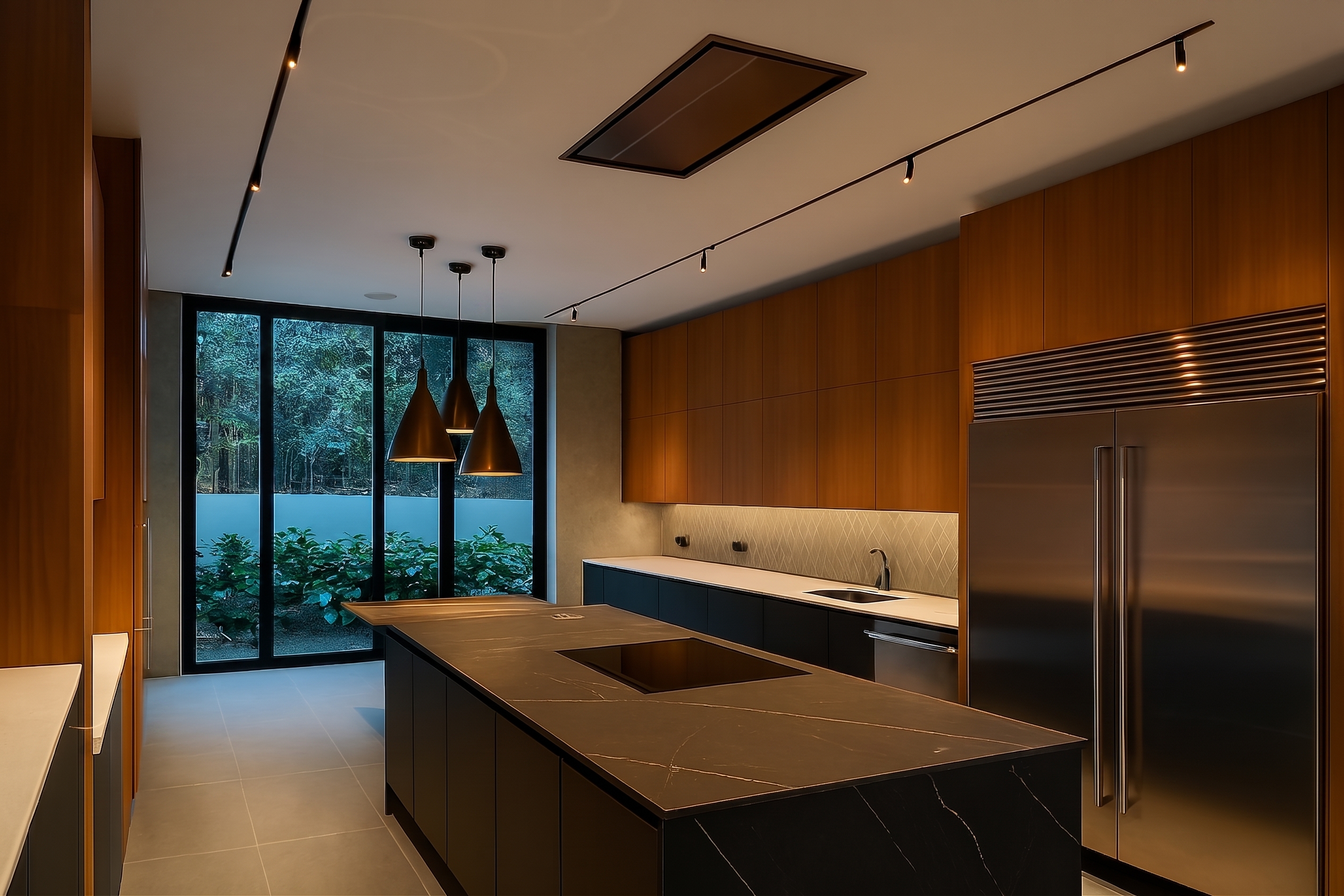 Iluminación arquitectónica integrada en cocina con sistema track en Aurea, Costa Rica