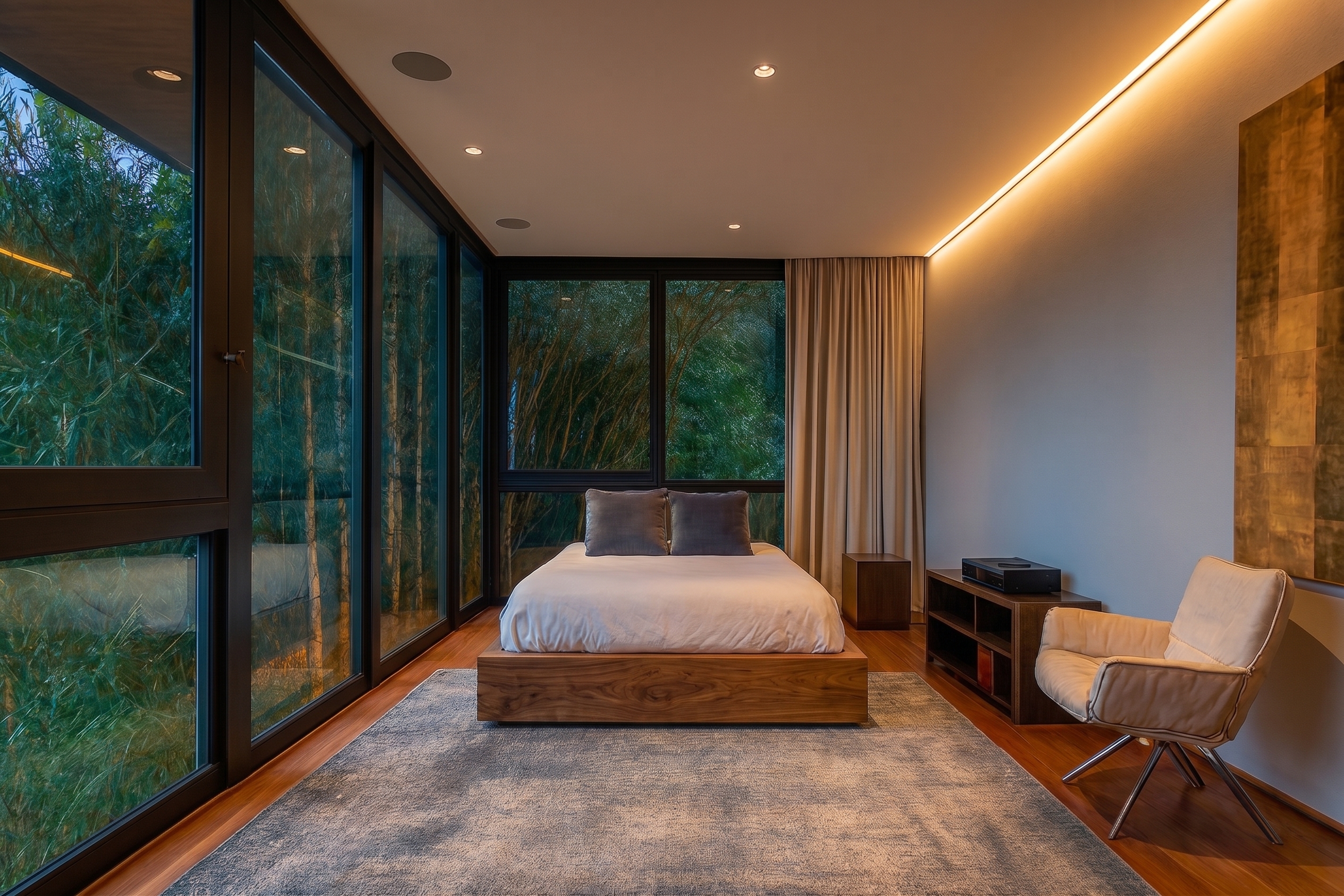 Dormitorio de Aurea con iluminación arquitectónica indirecta y vista al exterior