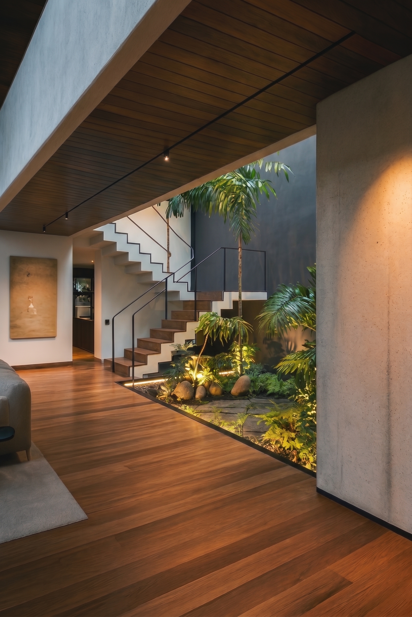 Jardín interior de Aurea con escaleras al segundo piso e iluminación arquitectónica