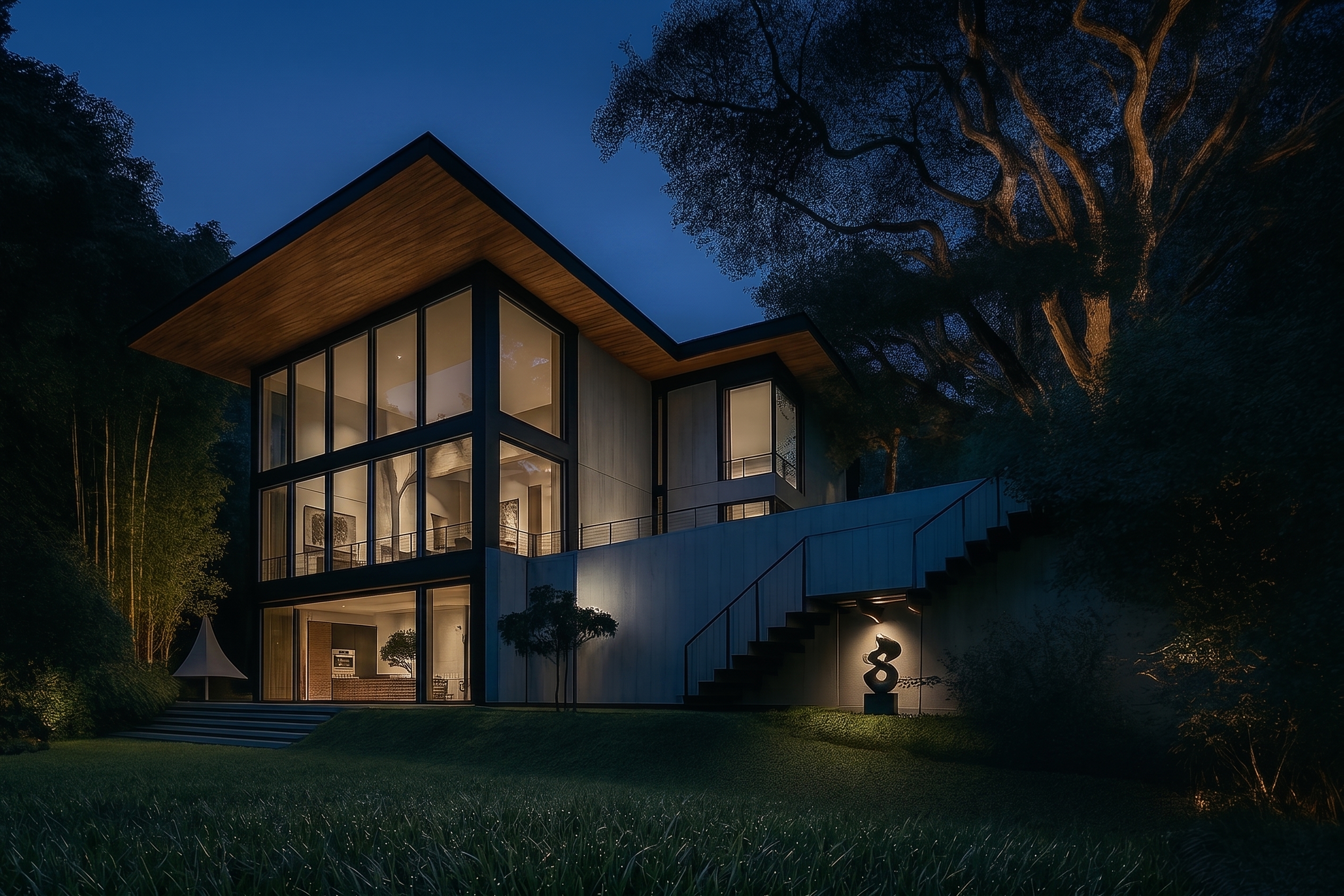 Vista exterior de la residencia Aurea con iluminación arquitectónica en Costa Rica