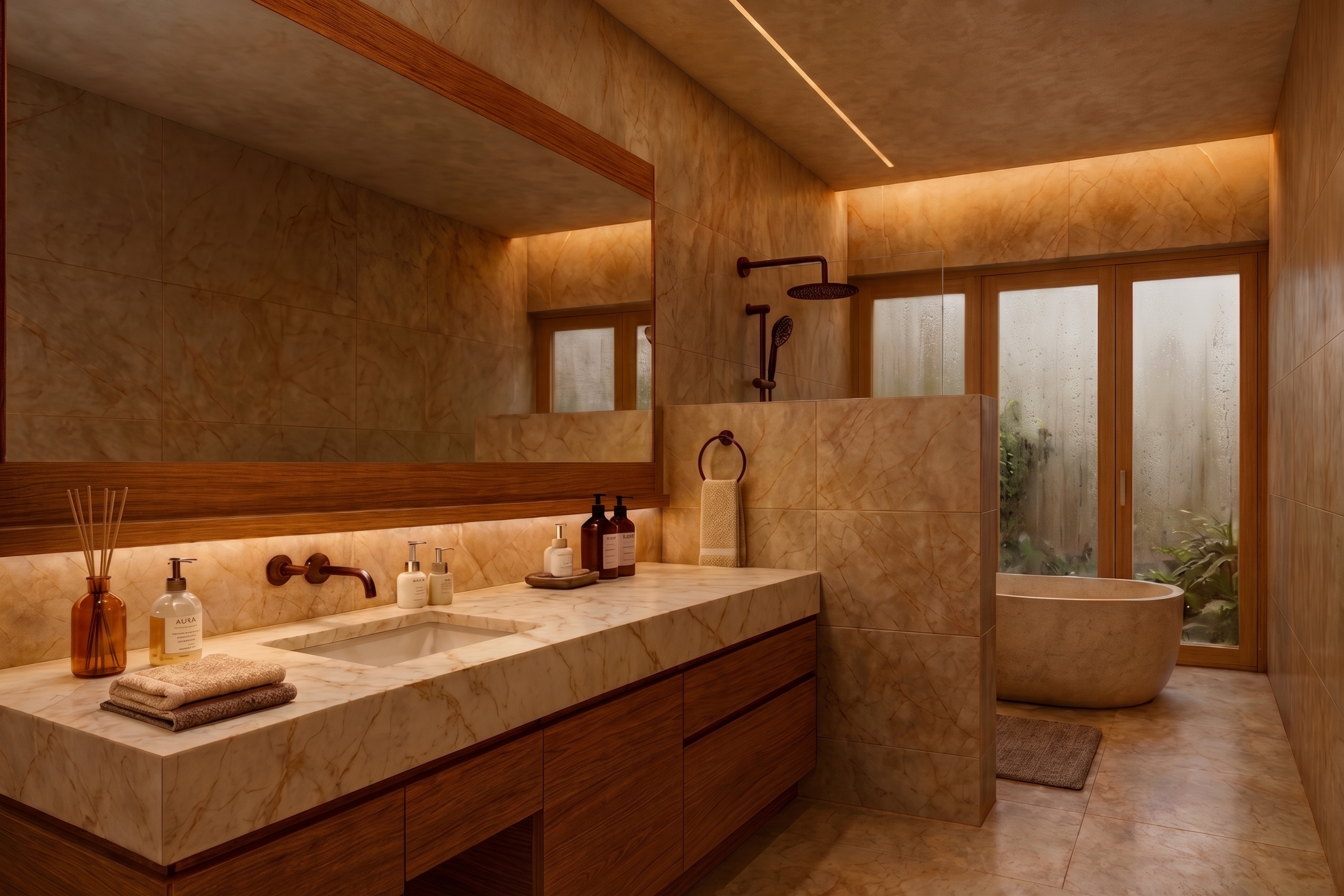 Hansen residence bathroom in Texas with indirect lighting and material details