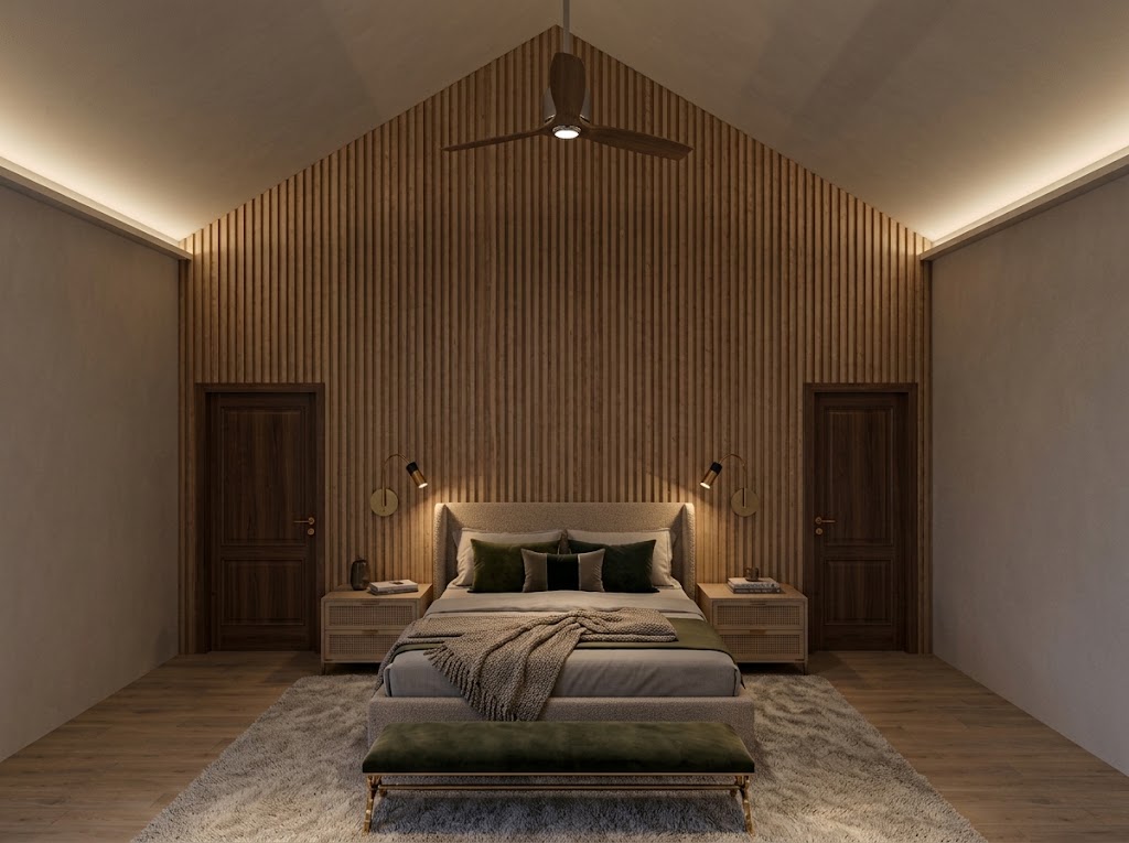 Hansen residence bedroom in Texas with a gabled ceiling, indirect lighting and bedside reading lamps