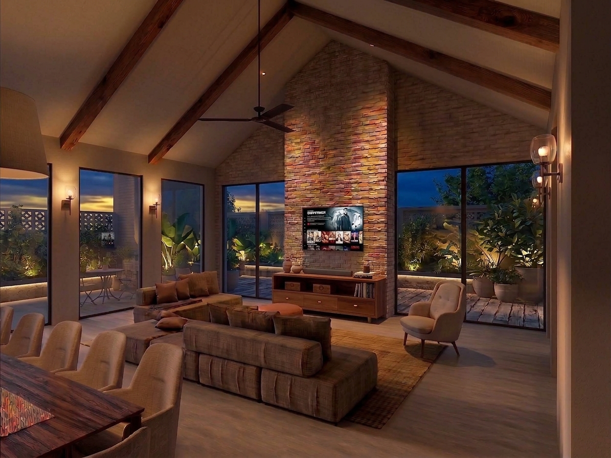 Hansen residence living room in Texas with an exterior view and decorative wall lights highlighting the materiality