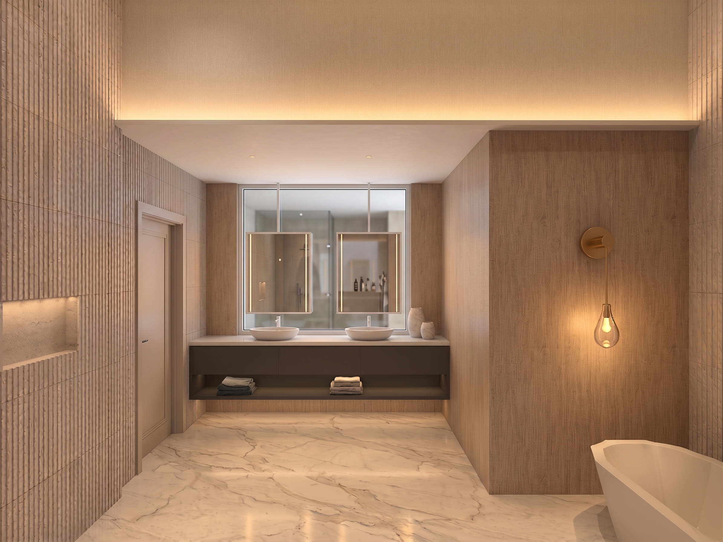 Hansen residence master bathroom in Texas with indirect lighting and a decorative pendant light