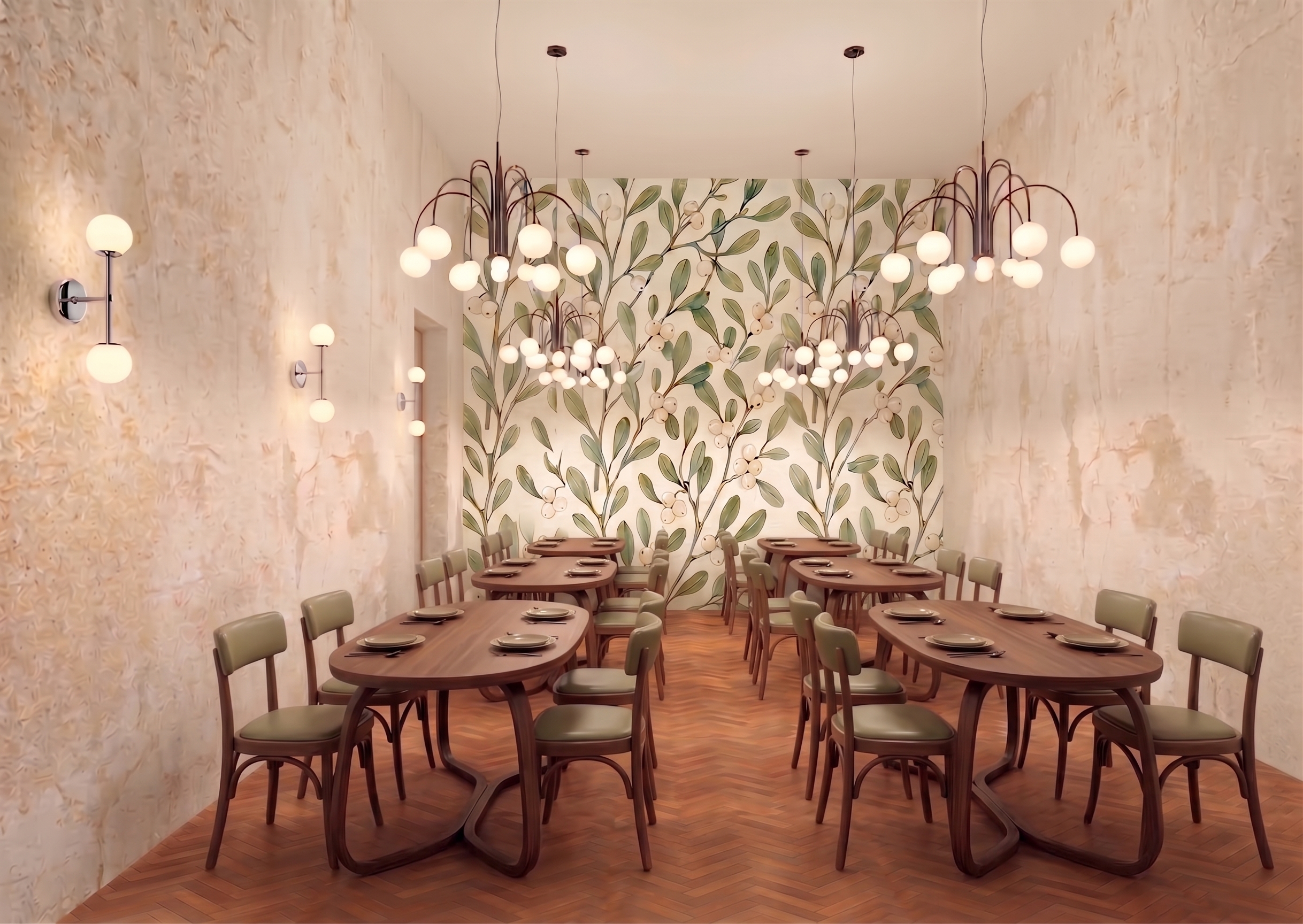 Café de Hanworth Park House en Londres con mesas de comedor, lámparas colgantes y muro decorativo de inspiración botánica.