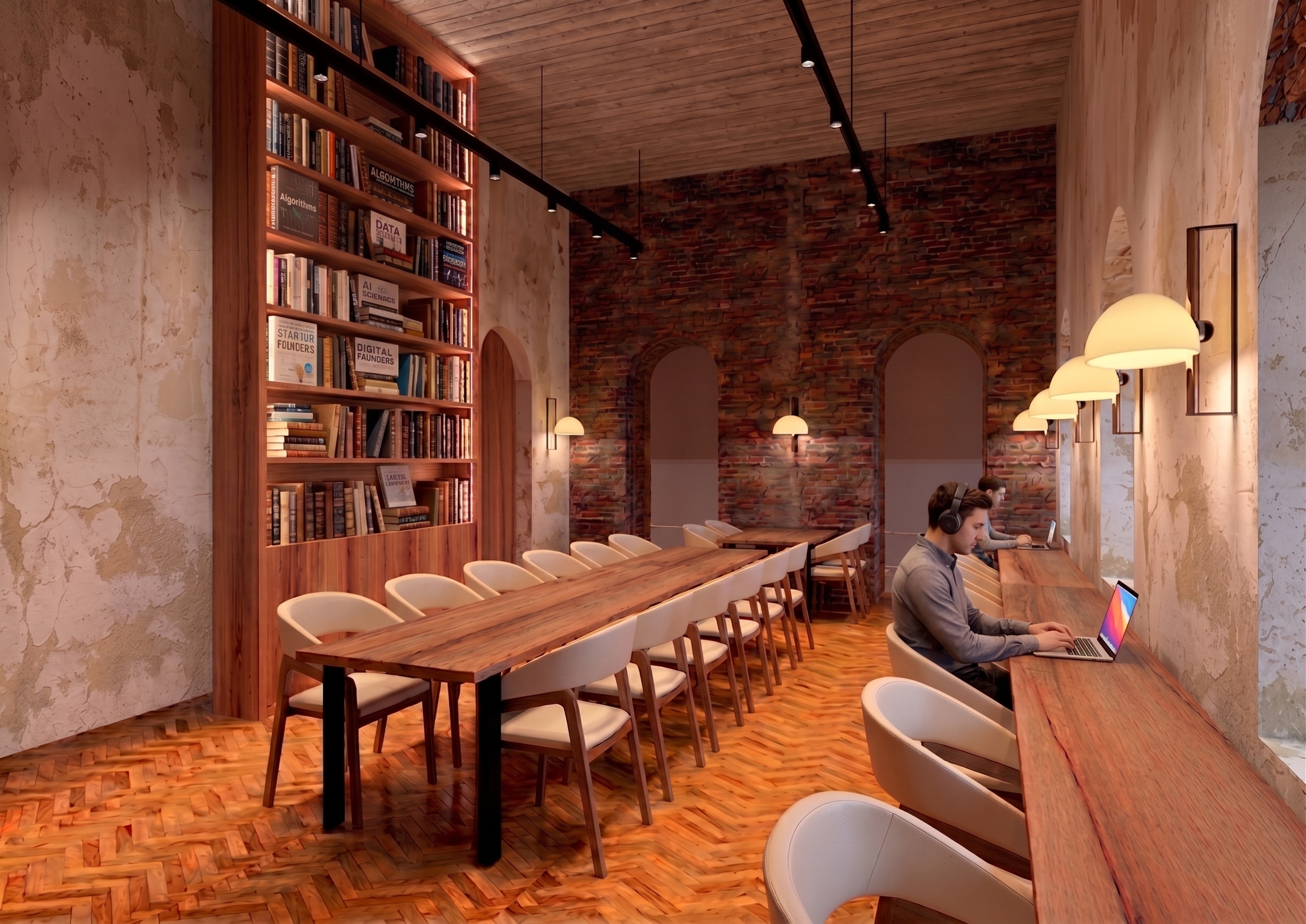 Espacio de coworking de Hanworth Park House en Londres, con mesas de trabajo, arcos históricos e iluminación decorativa.