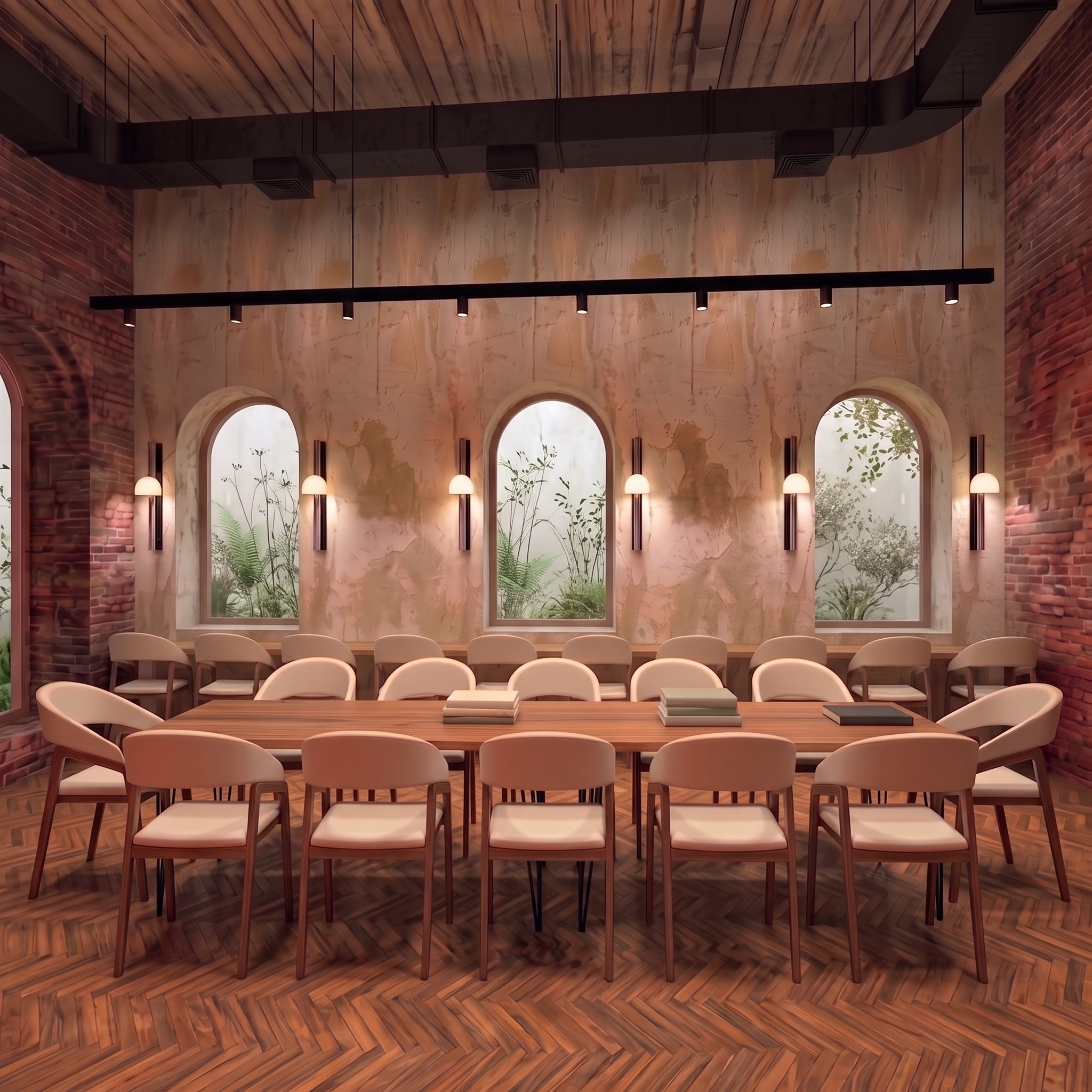 Área de coworking de Hanworth Park House en Londres con biblioteca, mesas de trabajo e iluminación ambiental.