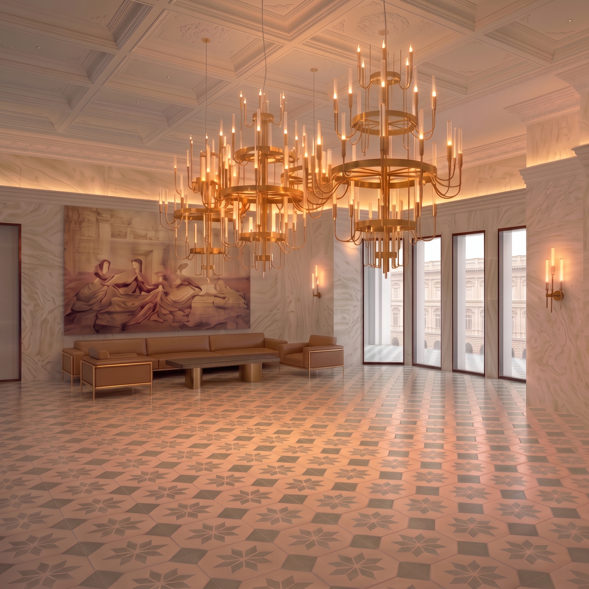 Salón de eventos de Hanworth Park House en Londres con candelabros, piso de diseño geométrico e iluminación decorativa.