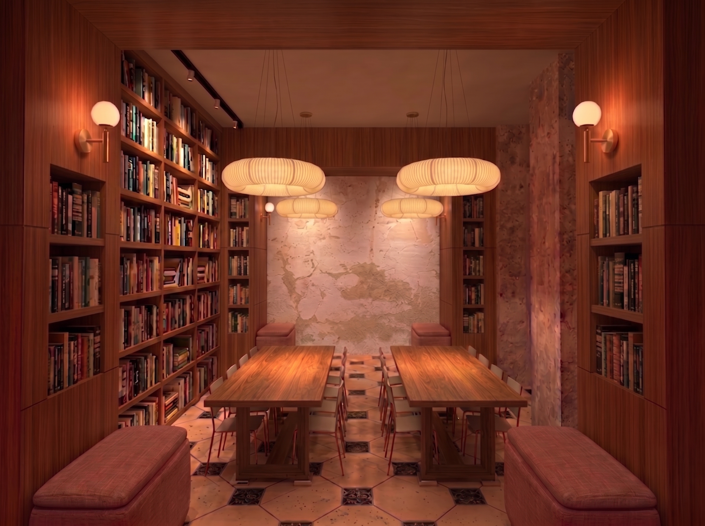 Biblioteca de Hanworth Park House en Londres con estanterías de madera, mesas de lectura e iluminación decorativa.