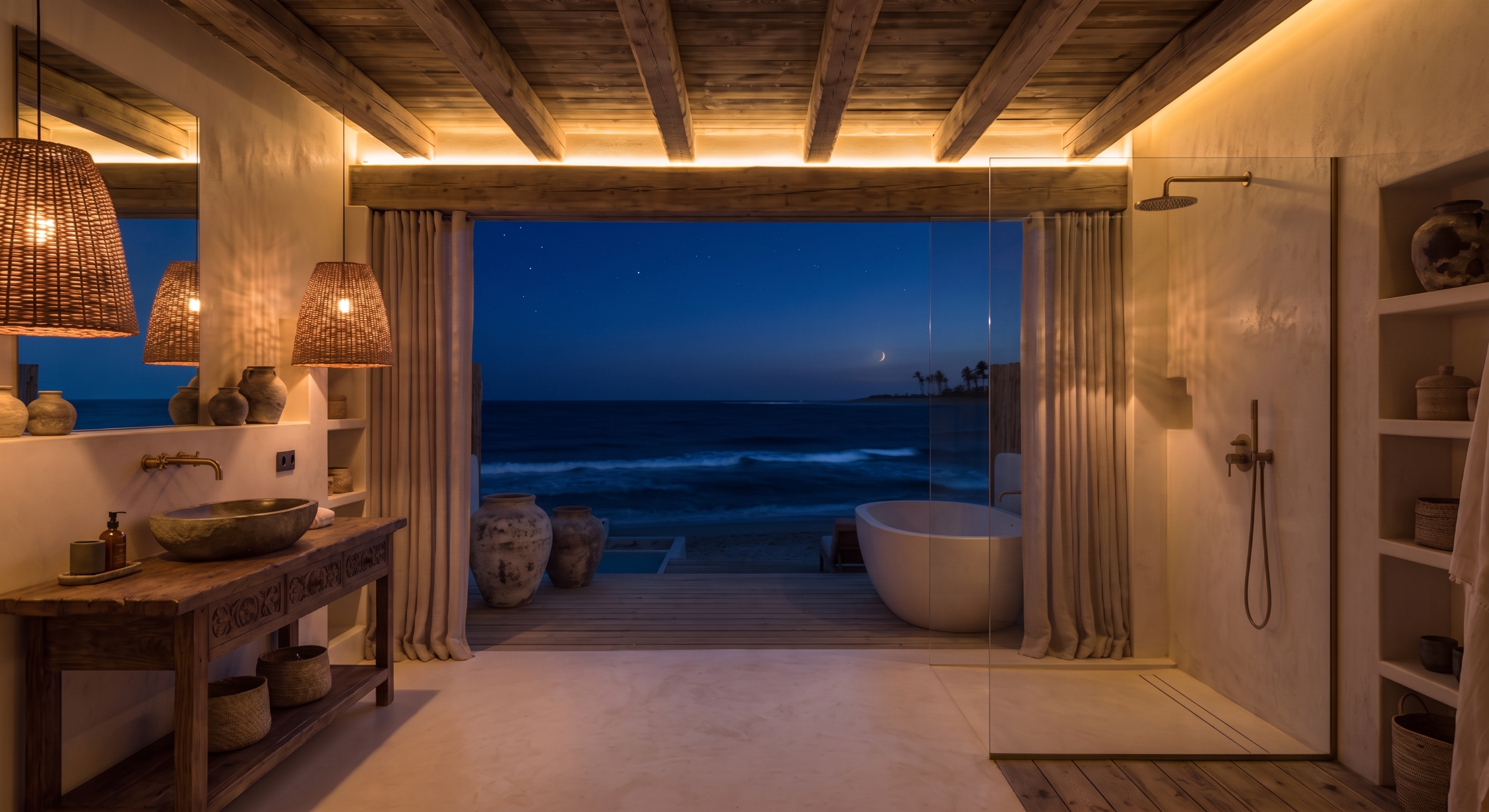 Baño de Nusa con vista al mar e iluminación indirecta