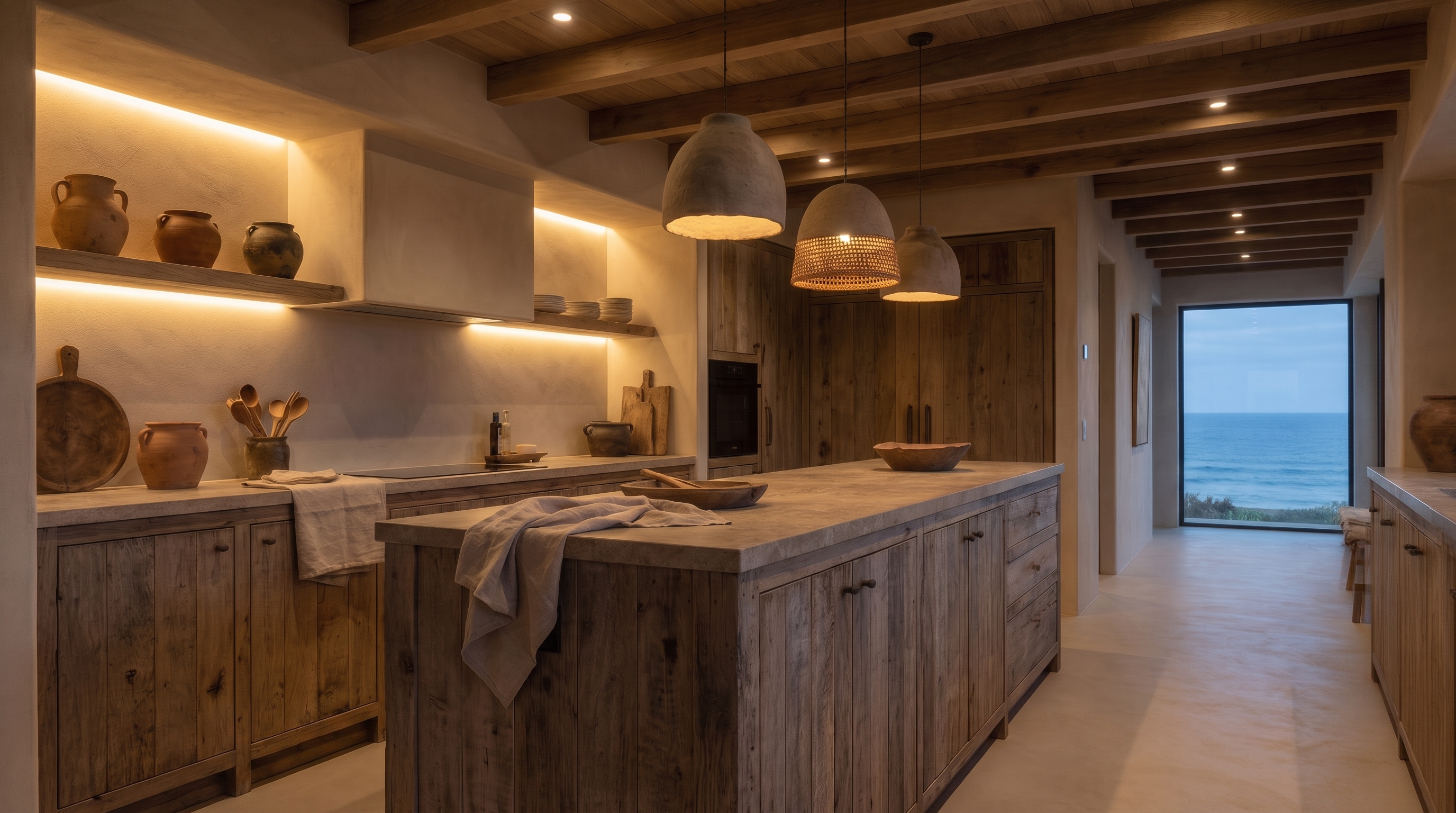 Cocina de Nusa con pasillo hacia el mar, iluminación indirecta y de acento