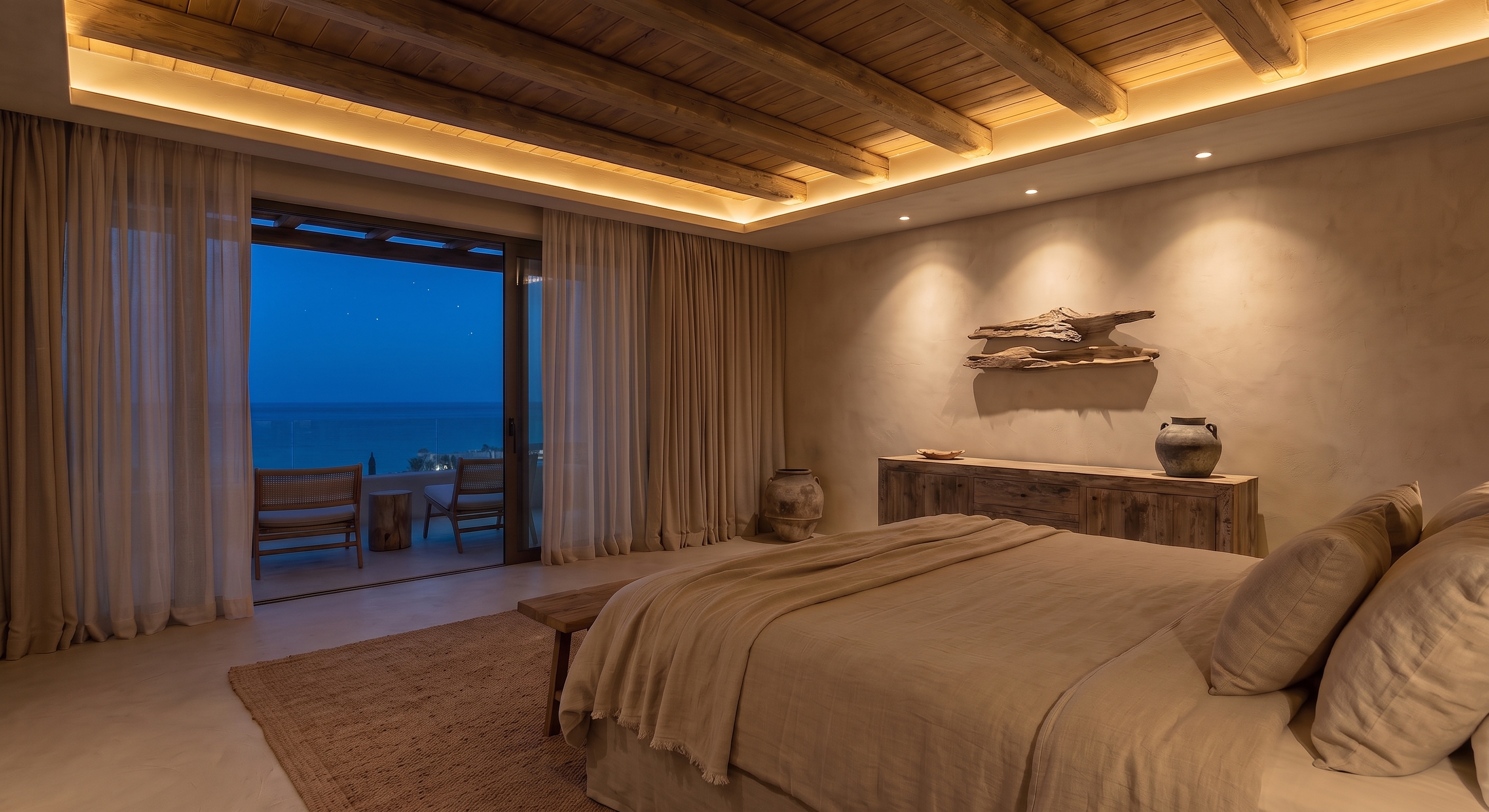Dormitorio de Nusa con vista al mar e iluminación indirecta