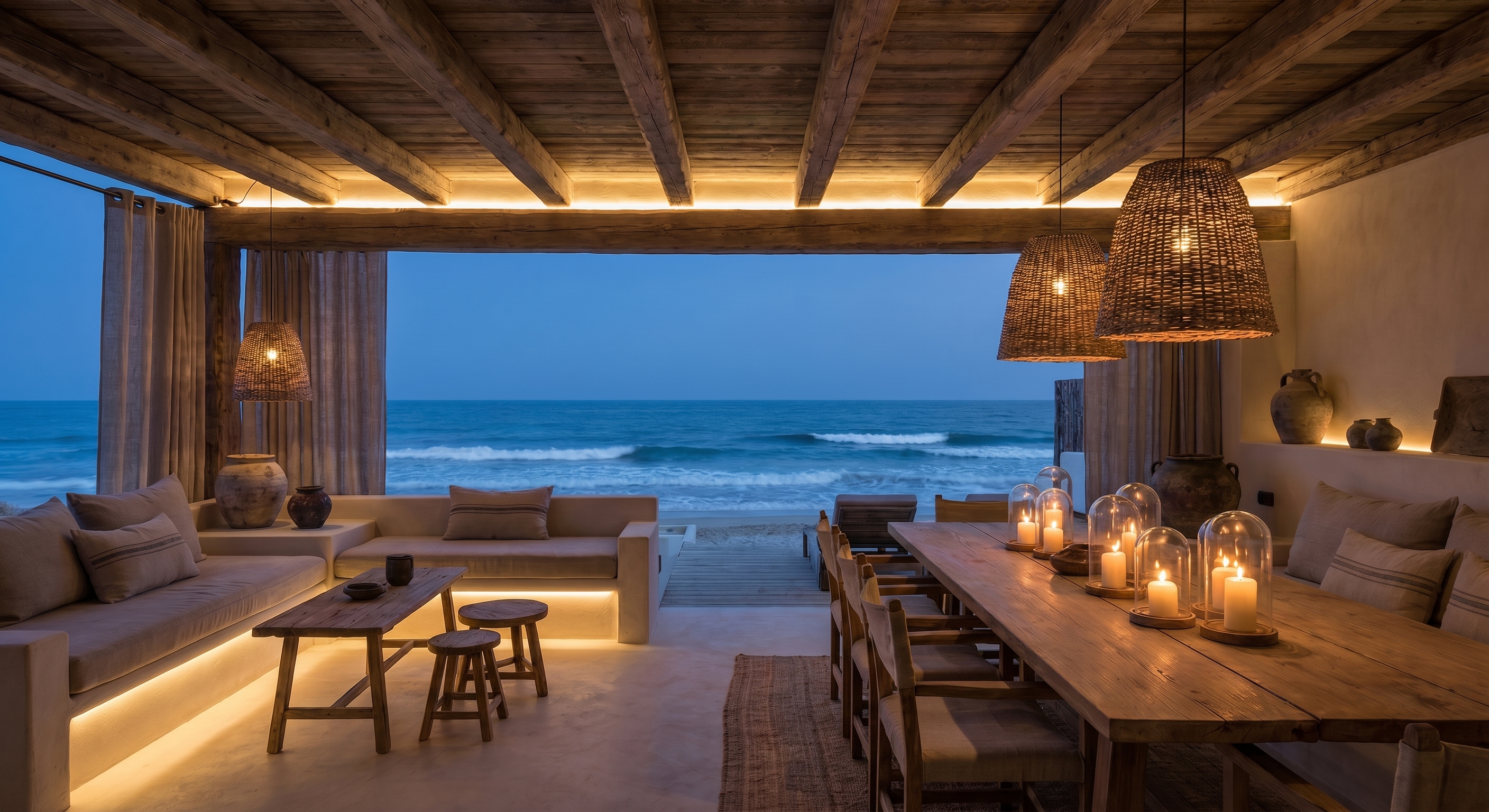 Sala y comedor de Nusa con vista al mar e iluminación indirecta