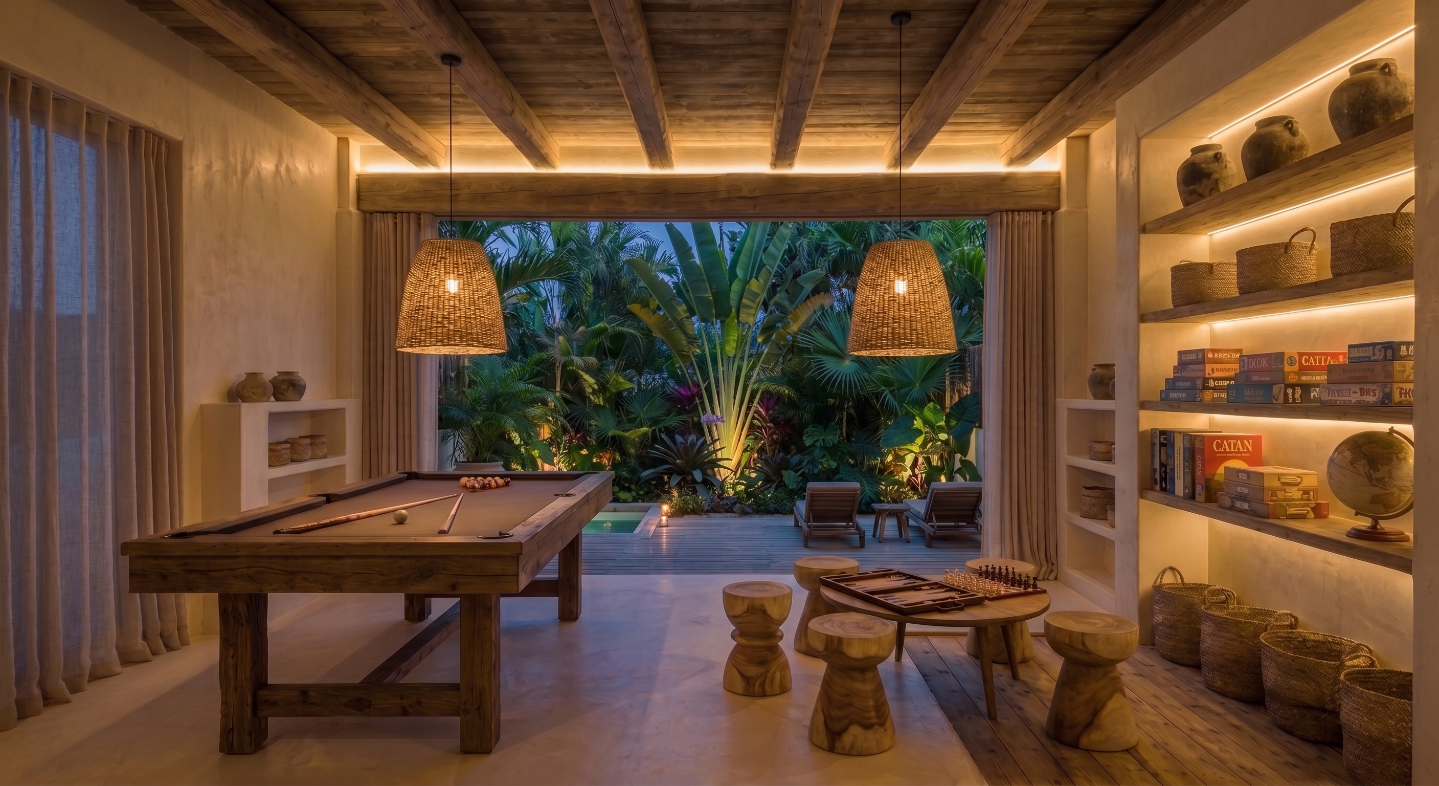 Salón de juegos de Nusa con mesa de pool, jardín interior e iluminación indirecta