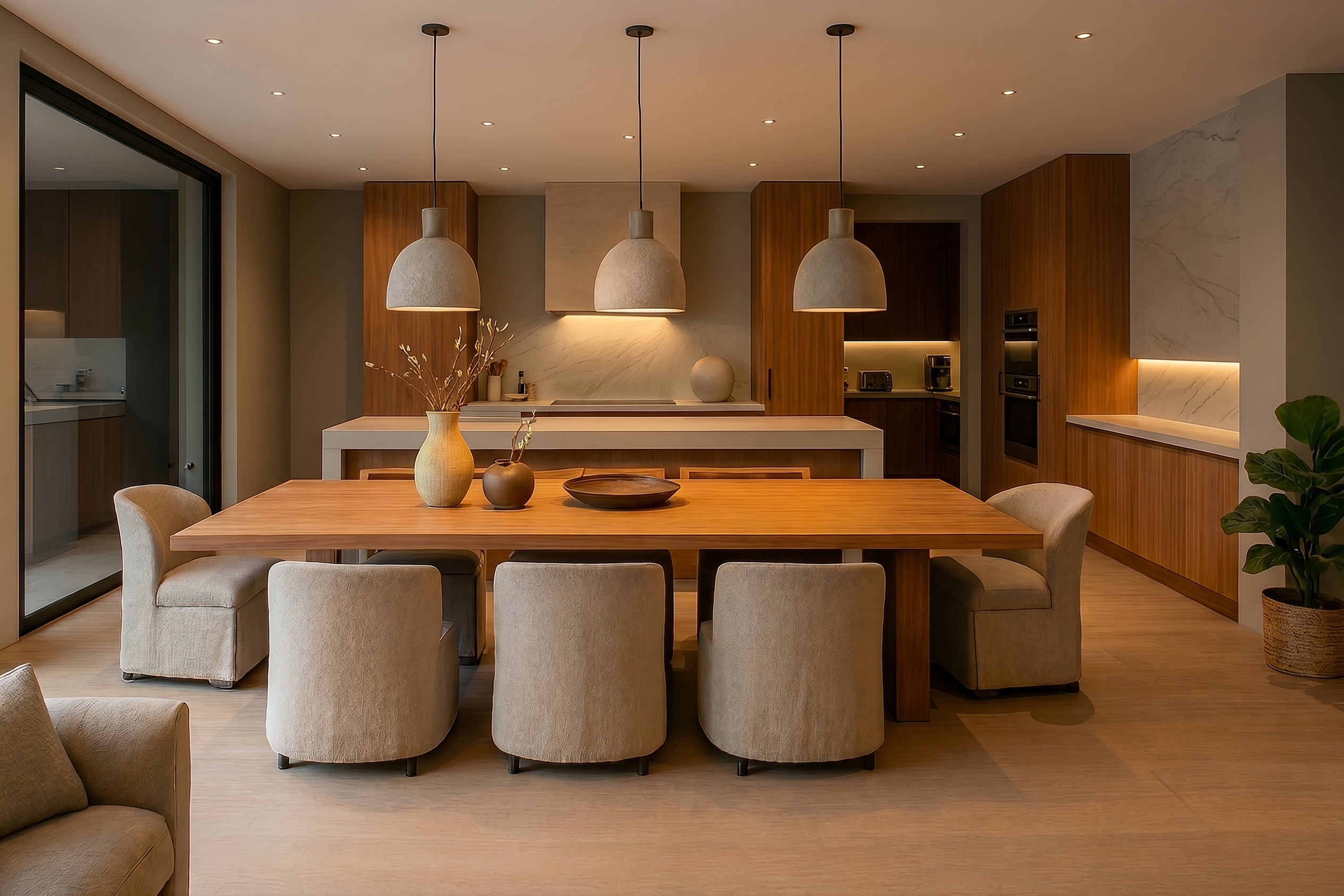 Cocina y comedor de Punta Clara con iluminación integrada en el mobiliario