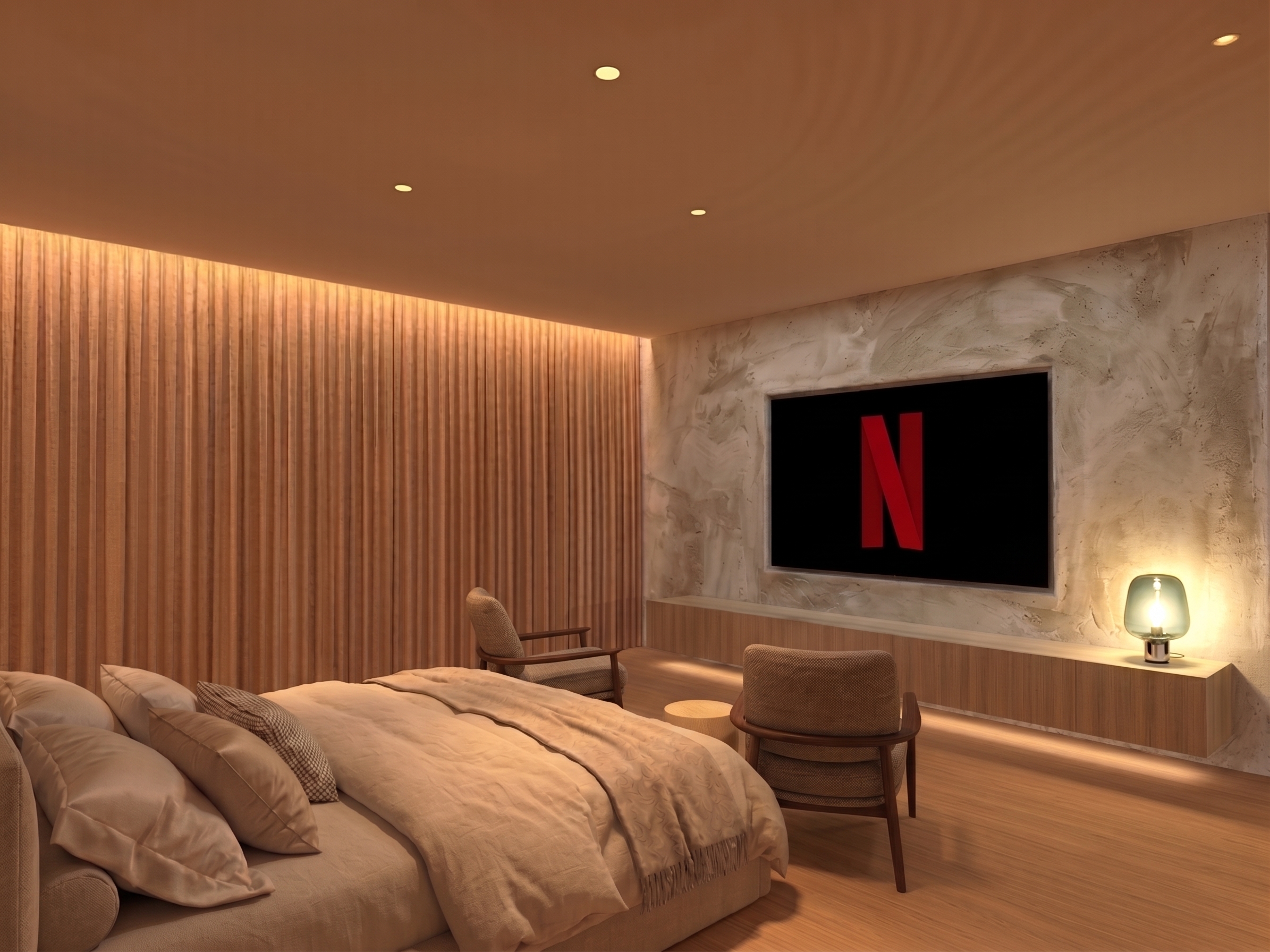 Dormitorio de Punta Clara con iluminación integrada en la cortina y luz de acento decorativa