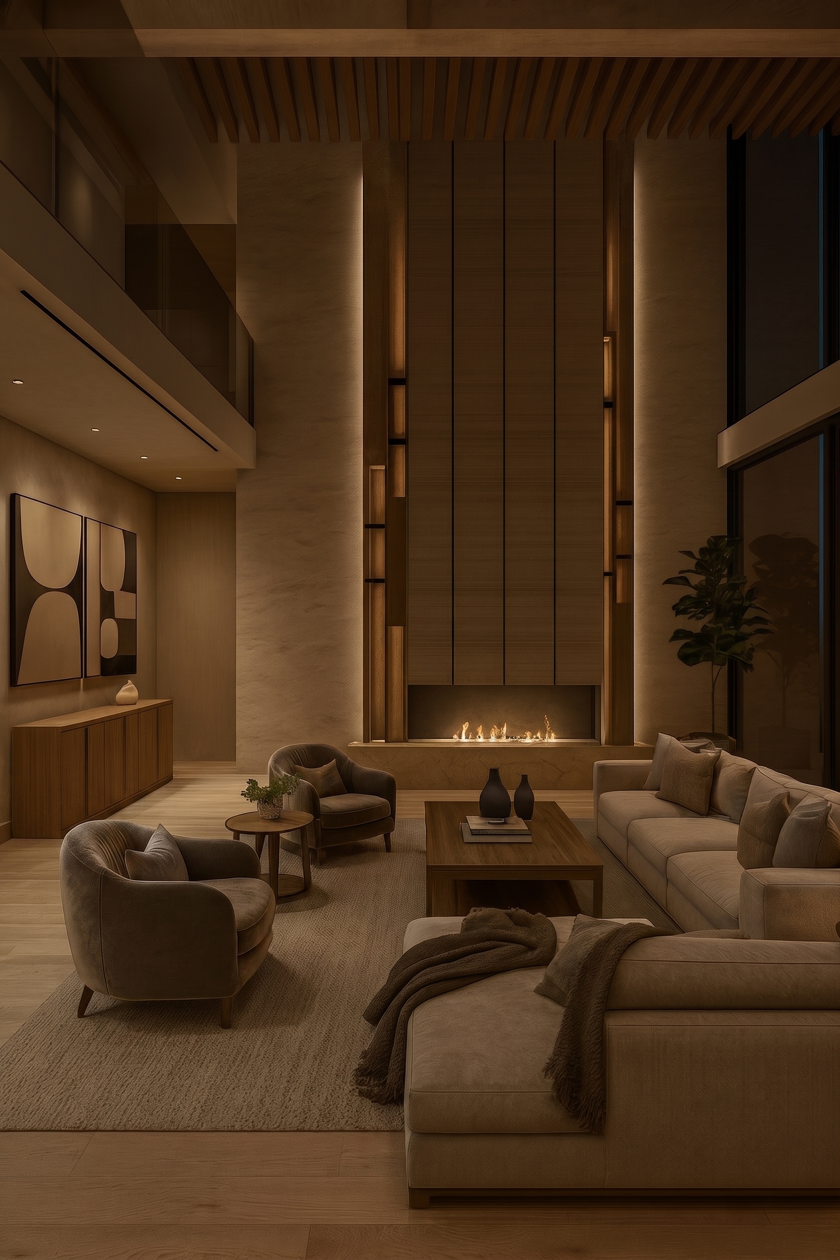 Sala de Punta Clara con chimeneas, iluminación indirecta vertical y baño de pared