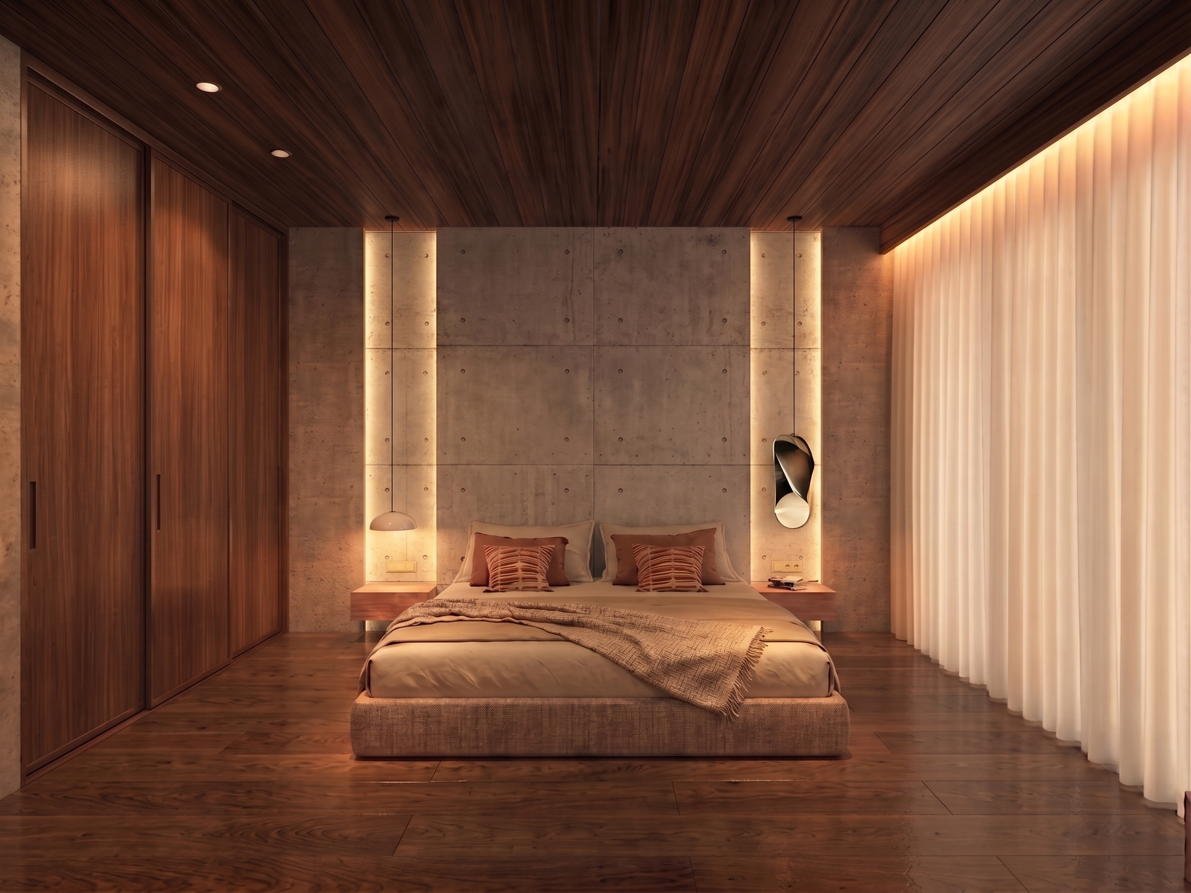 Dormitorio de Villa Sucasas en Nusa Dua, Bali, con iluminación indirecta integrada en la cortina y elementos decorativos